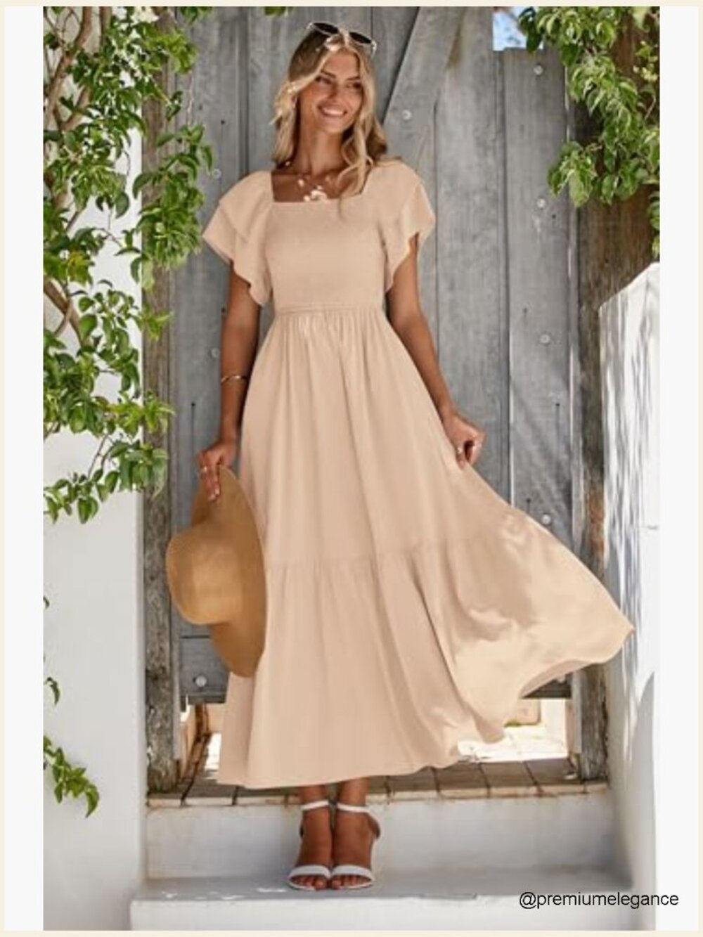Summer Midi Dress Square Neck Ruffle Sleeve Smocked Waist A-Line Wedding Guest - Picture 2 of 7